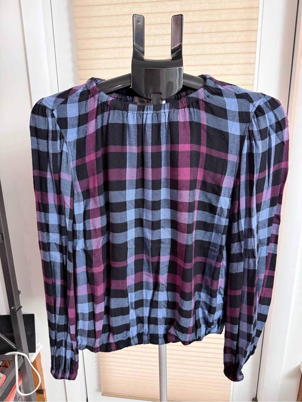 Boho Chic Peasant-style Cloth & Stone Glacier Plaid Blouse Blue Black Purple